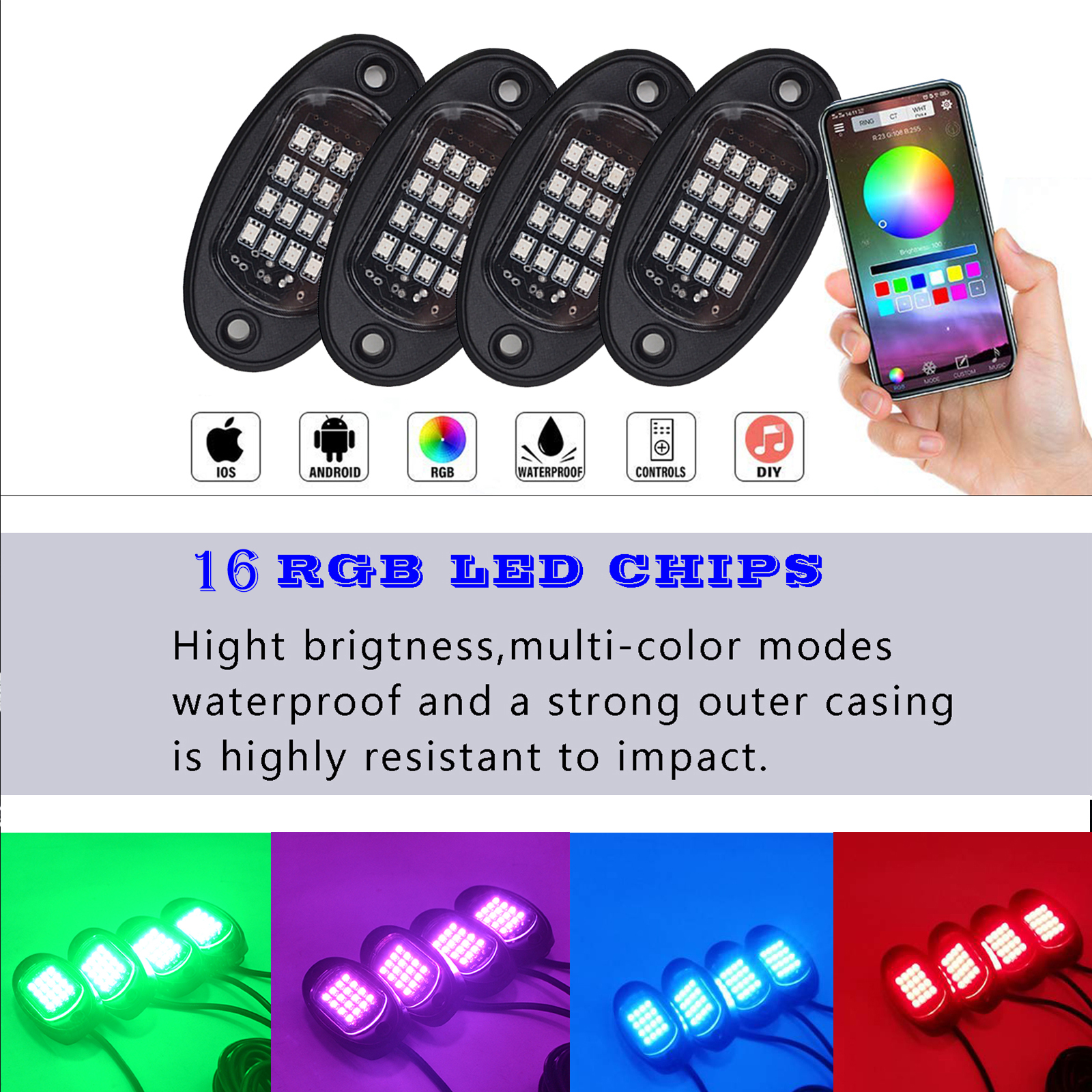 Kingshowstar - RGBW LED sziklavilágítás-készletek alkalmazásvezérlővel, időzítéssel, villogással, zenei móddal, alulról világító neon LED-es lámpákkal autó belső alvázvilágításához 28