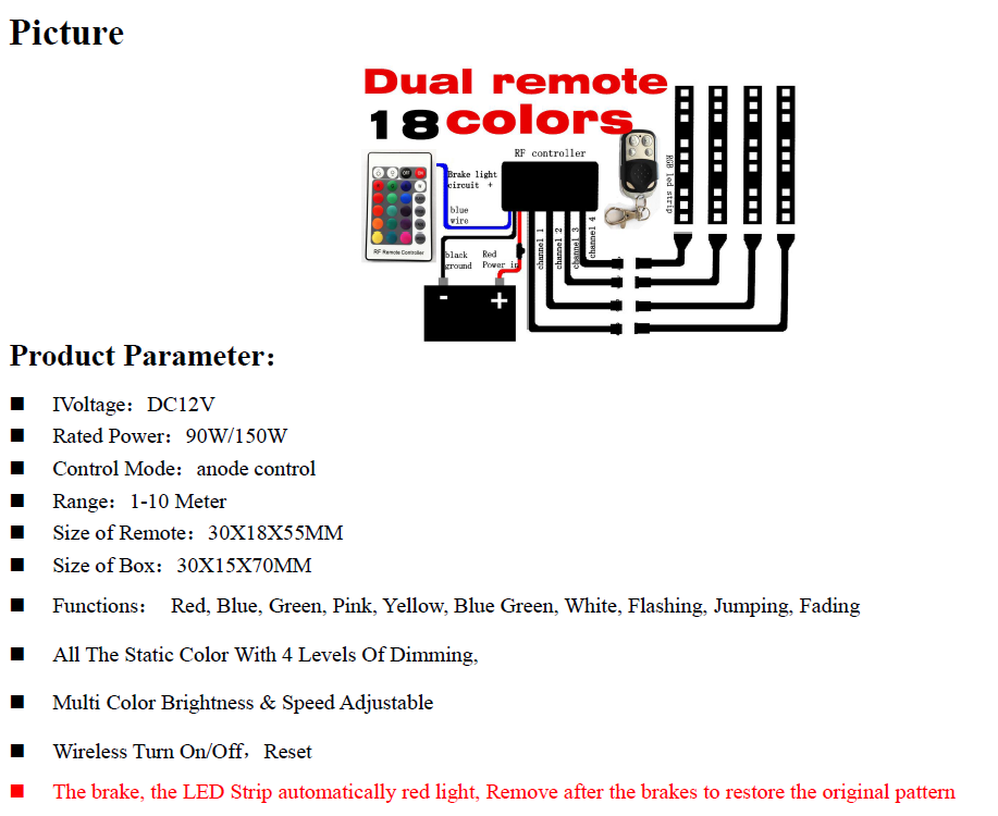 6pcs Super Slim PVC RGB Motorcycle ATV Flexible Strip LED Light Lamp NEON Two Remote Kit 12