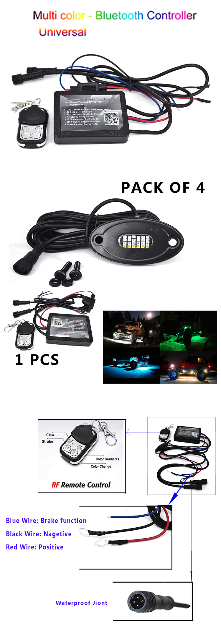 Super bright 4pcs 24w rgbw led auto music app controller led rock light for off road pickup 18