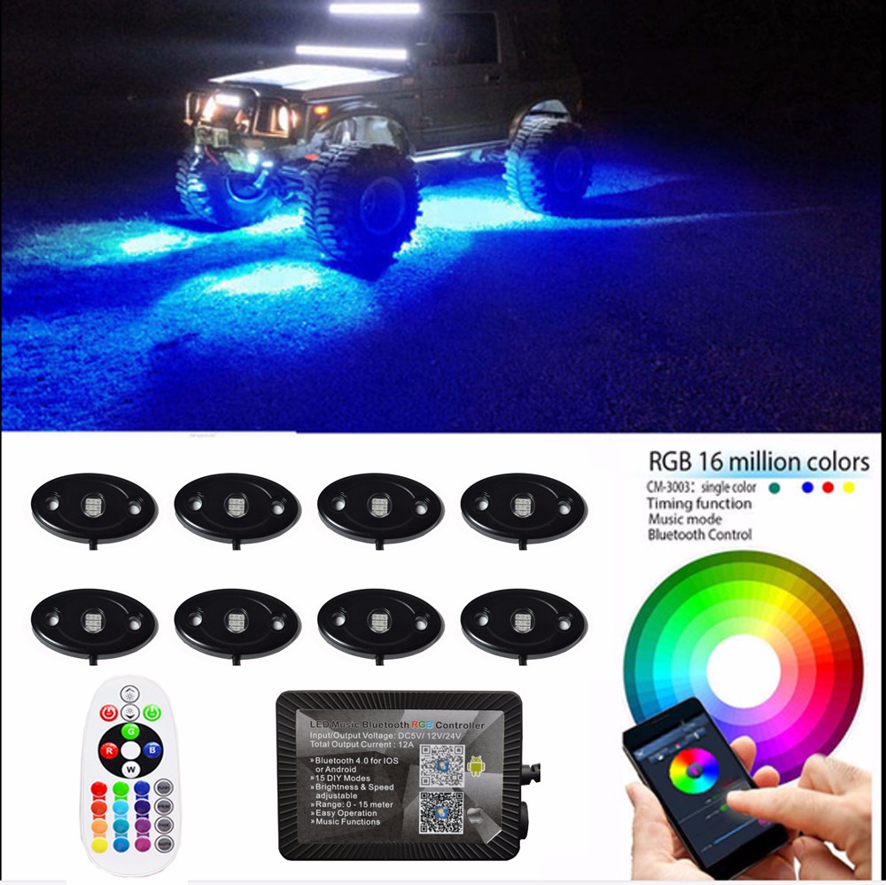 Kingshowstar - 8Pcs RGB lux LED Rock Lights Wireless Blue-tooth Music Flashing Multi Color Offroad led normal 9W/12W rock light 8