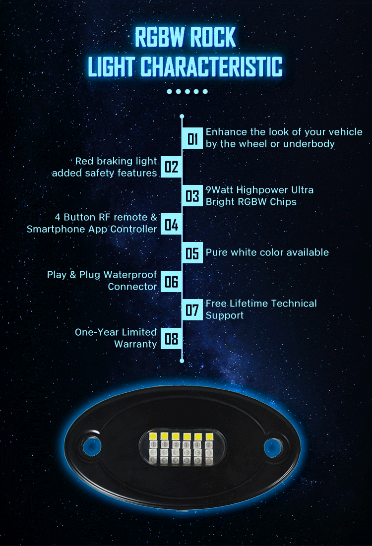 Kingshowstar - High Quality Color Changing Rgb 12 Pod Led Rock Light For Jeep Wrangler Jk Under Car Glowing led top level 24W rock light 10