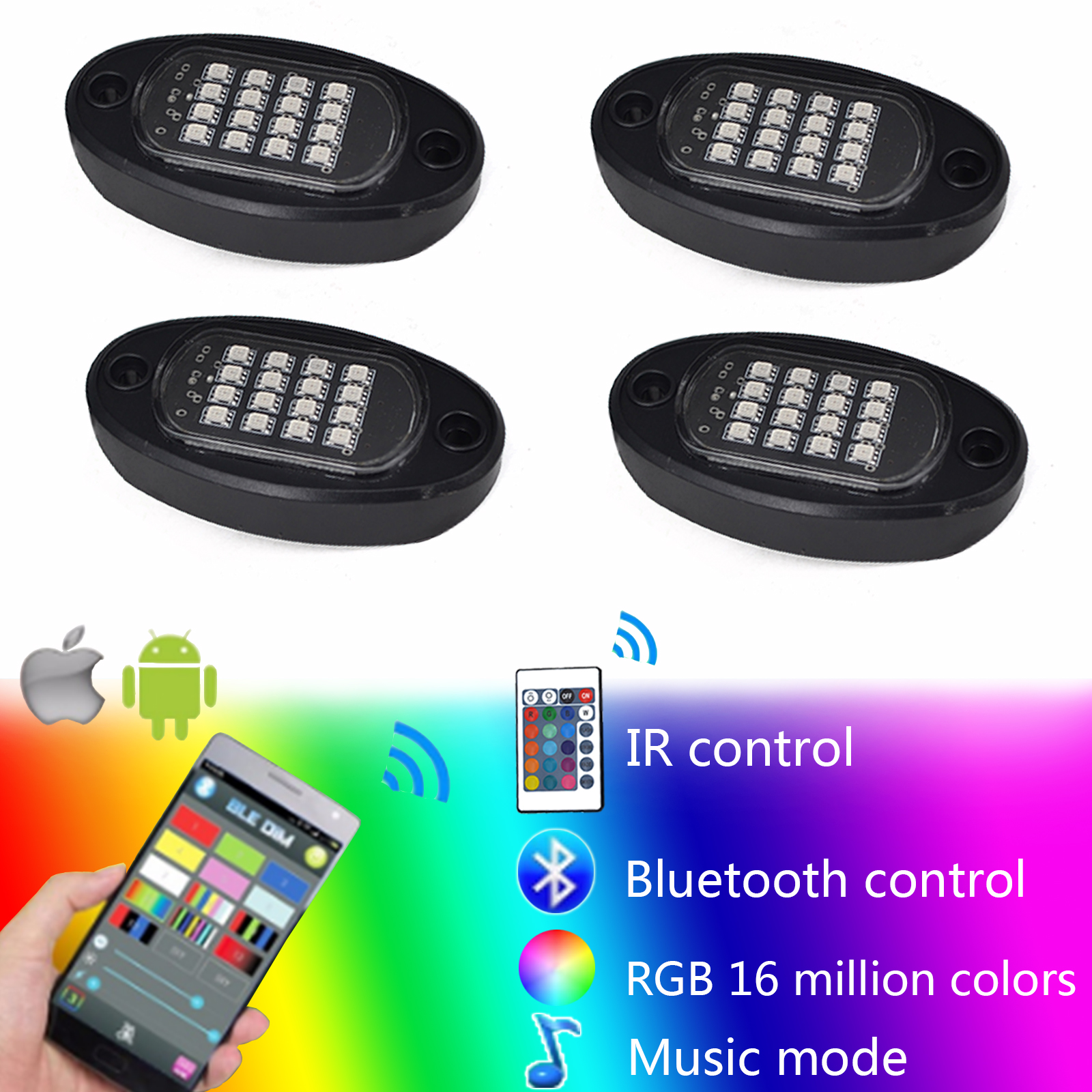 Kingshowstar - High Quality Hot 4x Pods RGB LED Rock Light Offroad Wireless Blue-tooth Music Controller led rock light 14