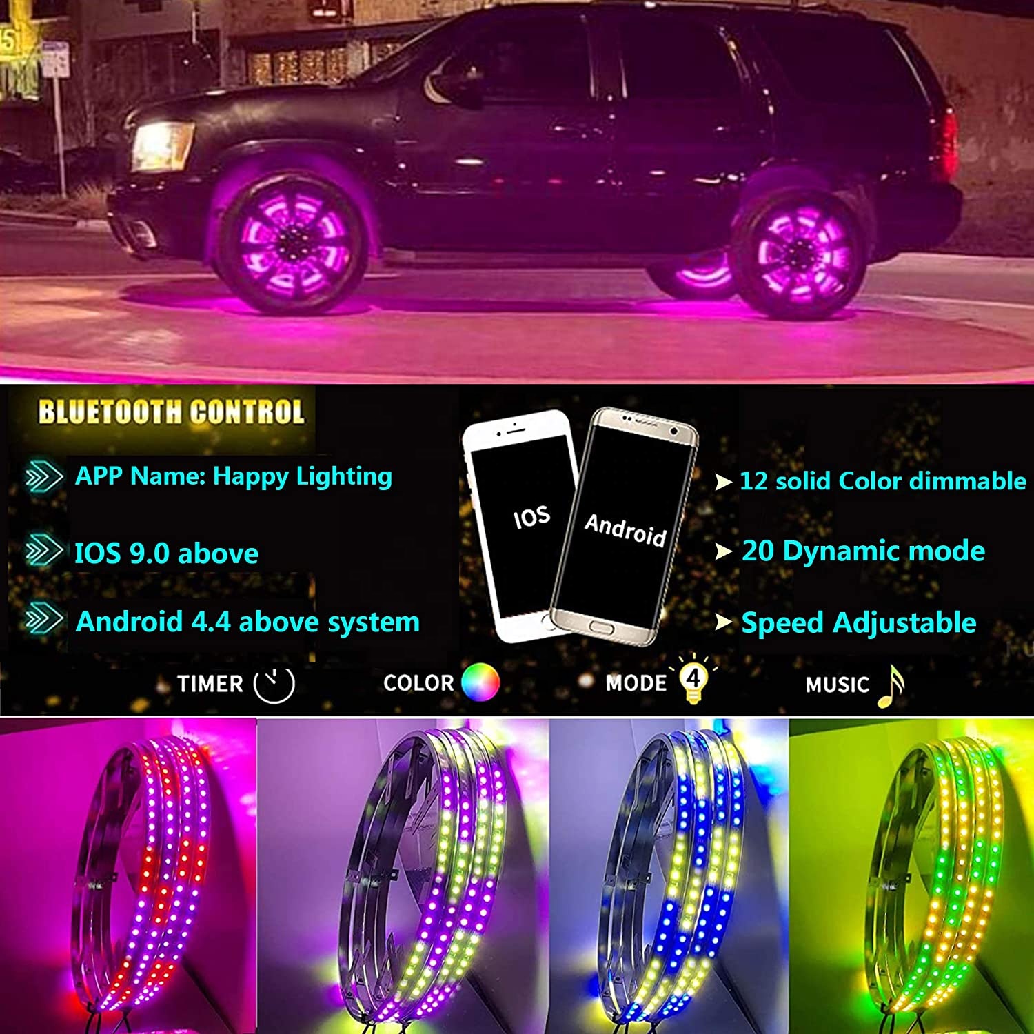 Kingshowstar - Blue-Tooth App Controlled Dream Chasing Colors Flow 15.5 LED Wheel Ring Lights Rim Lights Tire Lights led wheel light 16