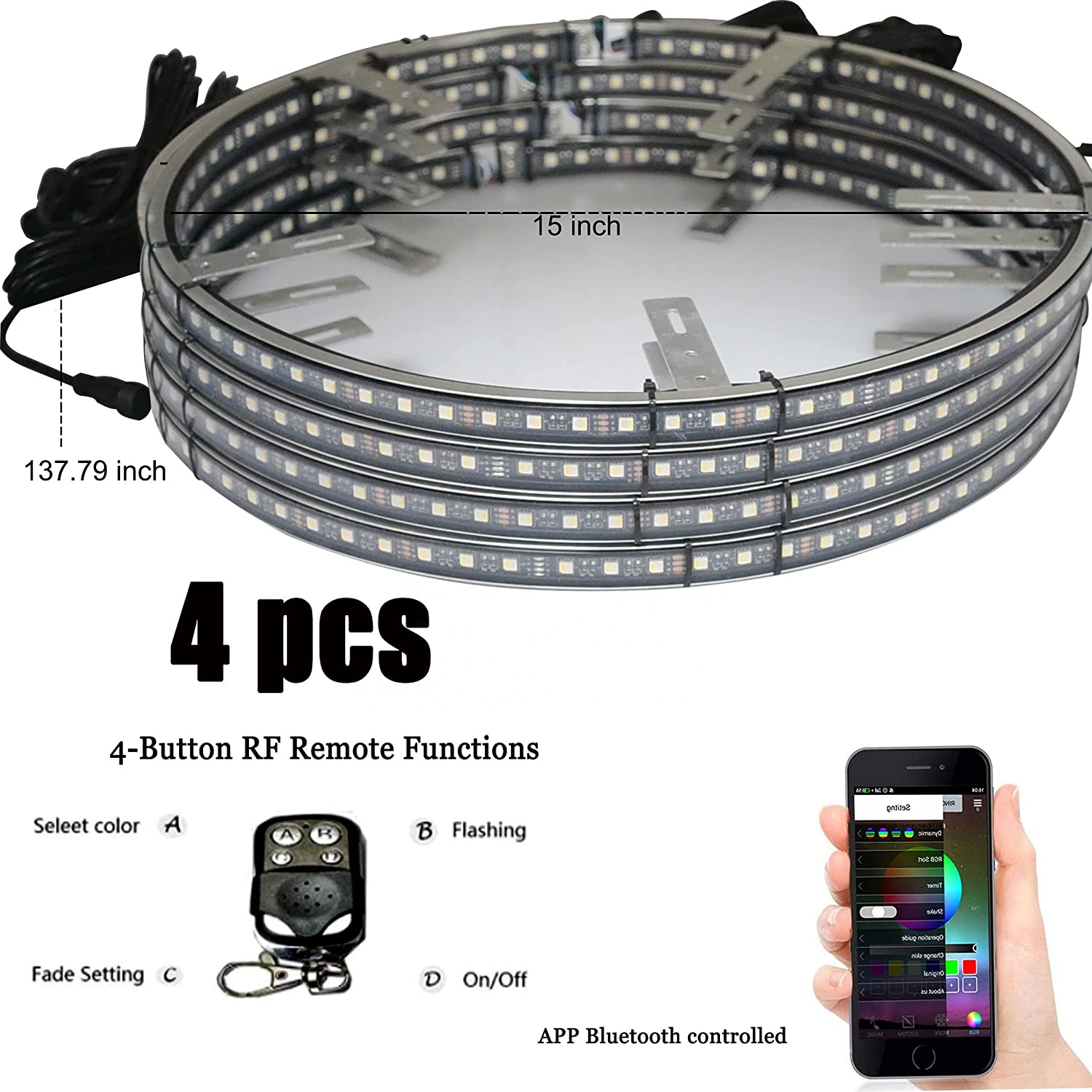 4pcs 15.5 /17 inch double side Row Dream RGBW Color 576/674 LED Wheel Ring Rim Light Kit For Trucks car 12