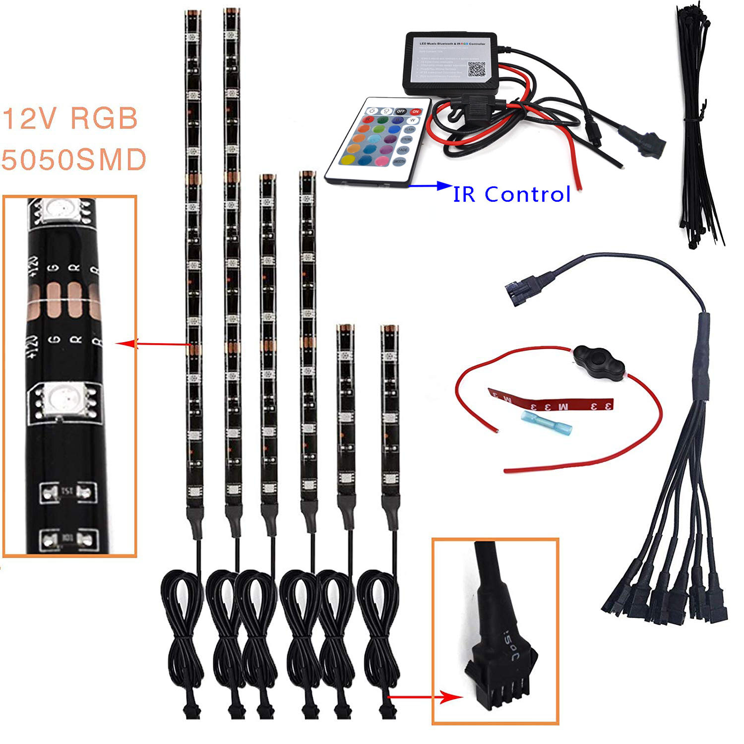 LED Wireless Sound Activated Blue-tooth APP Control Motorcycle Underbody Glow LED Lights Flexible Strips Kit 12