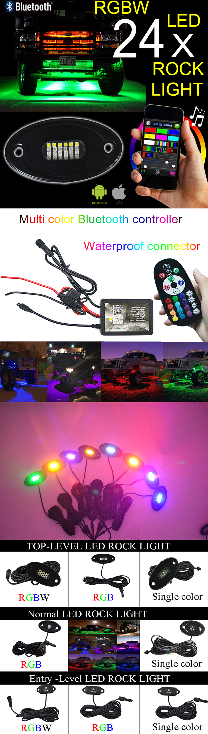 Kingshowstar - 12V 4PCS LED Rock Light Kit ATV Car Mini RGBW Off road Waterproof Underbody LED RGBW Glow Lights for Cars led top level 24W rock light 16