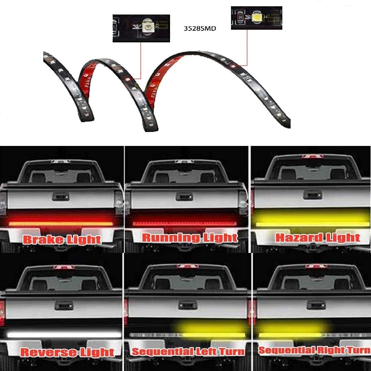 Kingshowstar - 60 inch Waterproof sequential Tailgate Light Bar Running Turn Signal Brake Tail light Strip With Red Reverse White & Amber led auto tailgate light 8