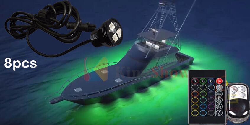 yacht 8pcs LED 9W Drain Plug Light Underwater Fishing Boat Lamp with TWO Remote 7
