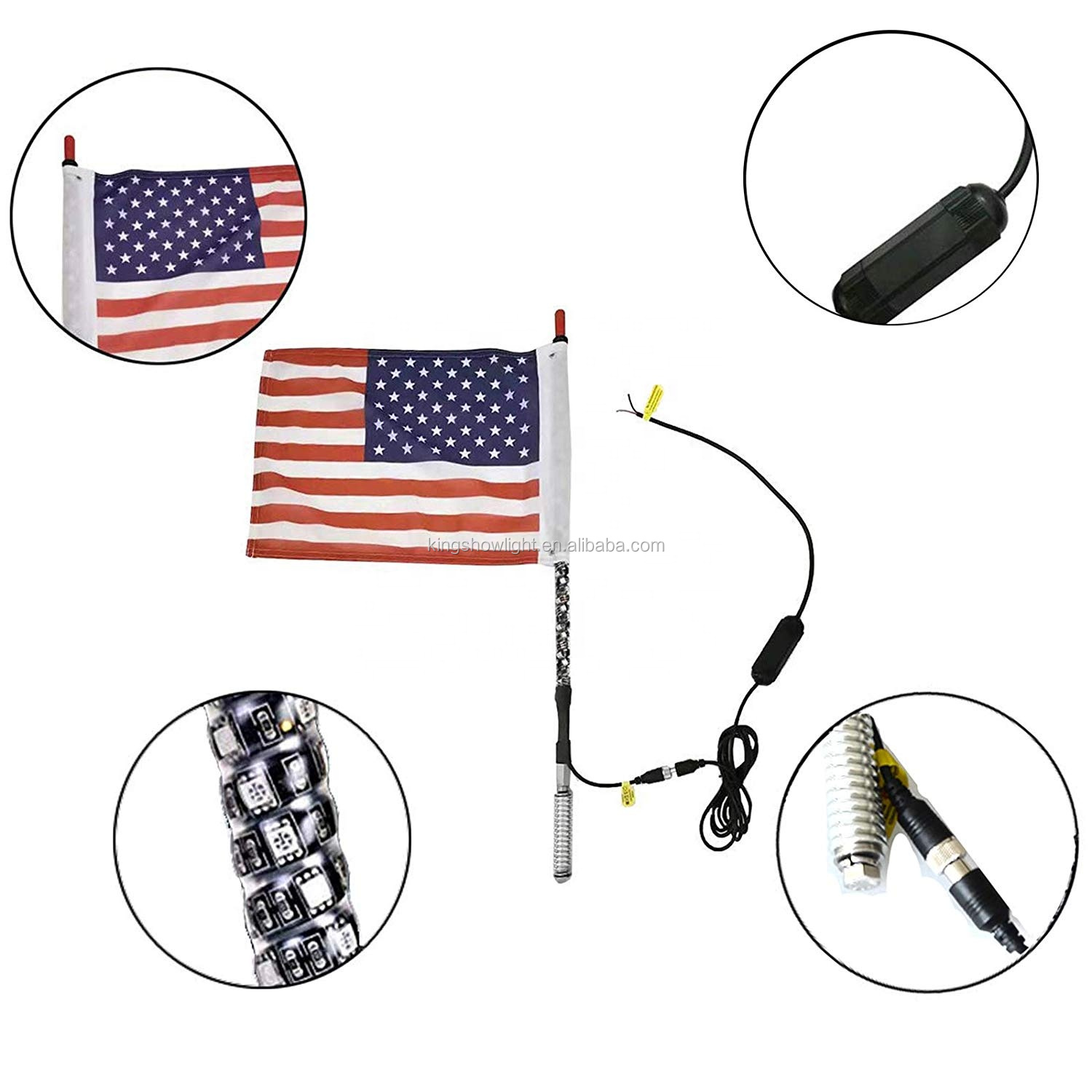 Kingshowstar - NEW 3ft Lighted Spiral LED Whip Light Antenna With Flag for ATV Polaris RZR UTV led whip light 18