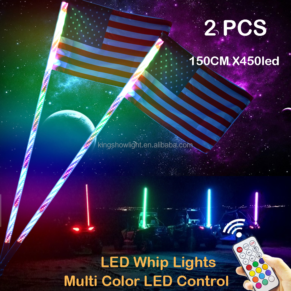Kingshowstar - 3ft/4ft/5ft RGB Dream Color Whip light with 180/270/360/450 LED LED Whip Light with Flag Pole Remote Control l RGB Chase Light led whip light 10