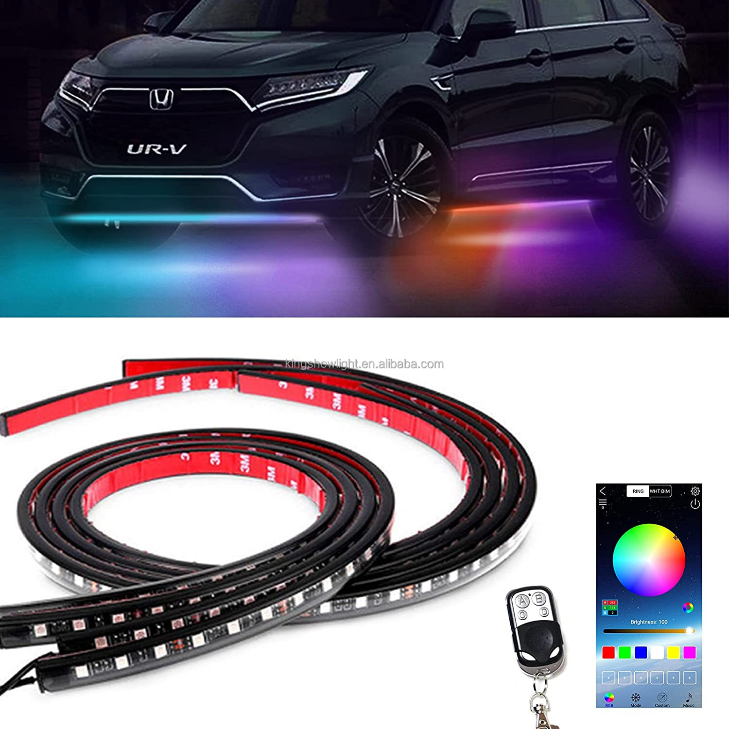 Kingshowstar - 4pcs RGB Color Under Car Lights Neon Under Body Car light by BT App & Remote control w/ Turning Signal and Brake Functions led auto interior underbody light 18