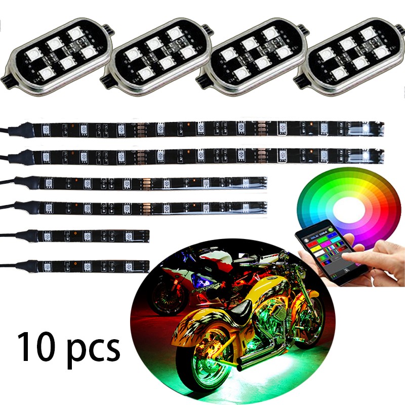 6pc strip + 4pc pod led Motorcycle golf Cellphone app Controller Motorcycle LED Light Kits with Music Sync 10