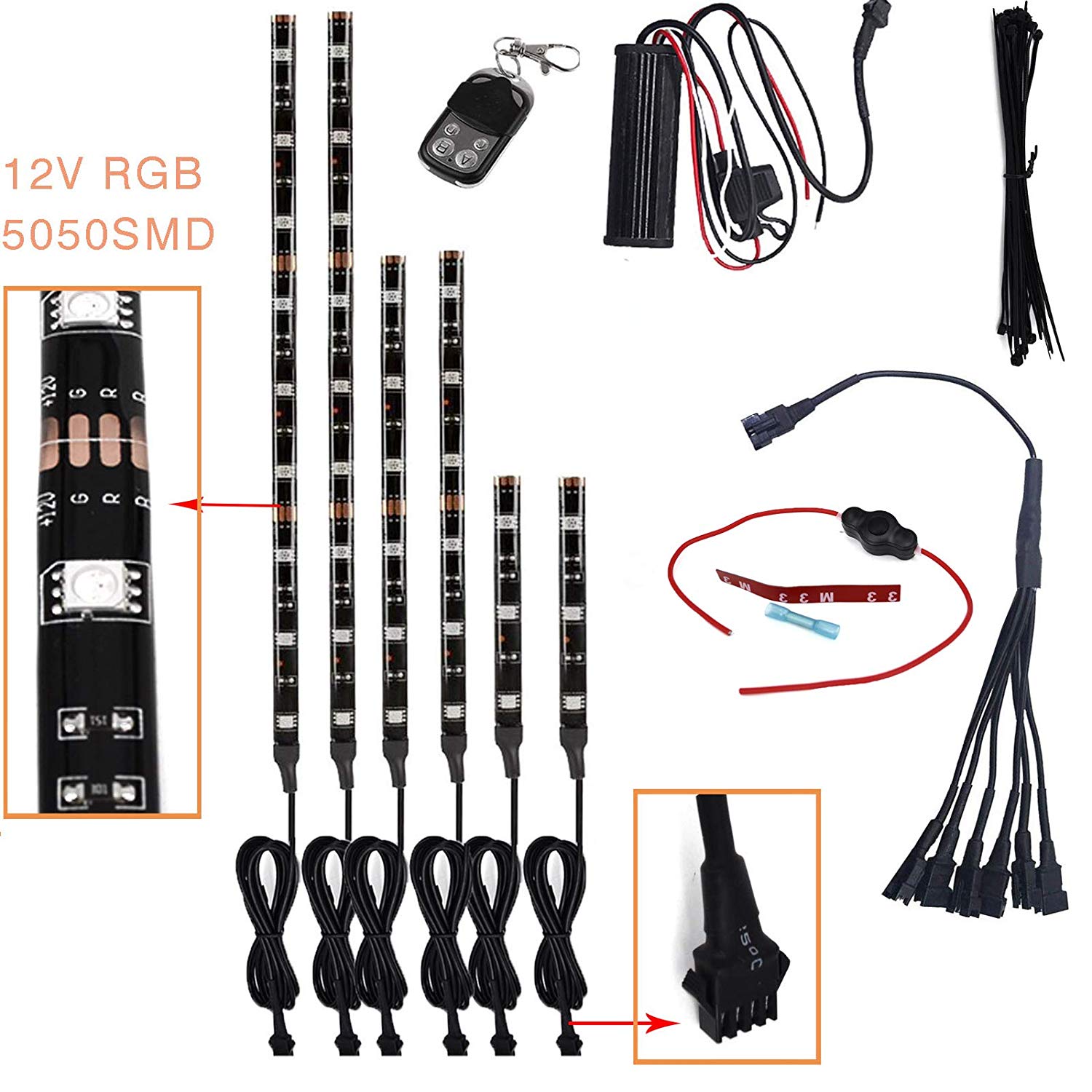 6Pcs Led Light Kits Multi-Color Wireless Remote Control Motorcycle Atmosphere Lamp RGB Flexible Strips Ground Effect Light 10