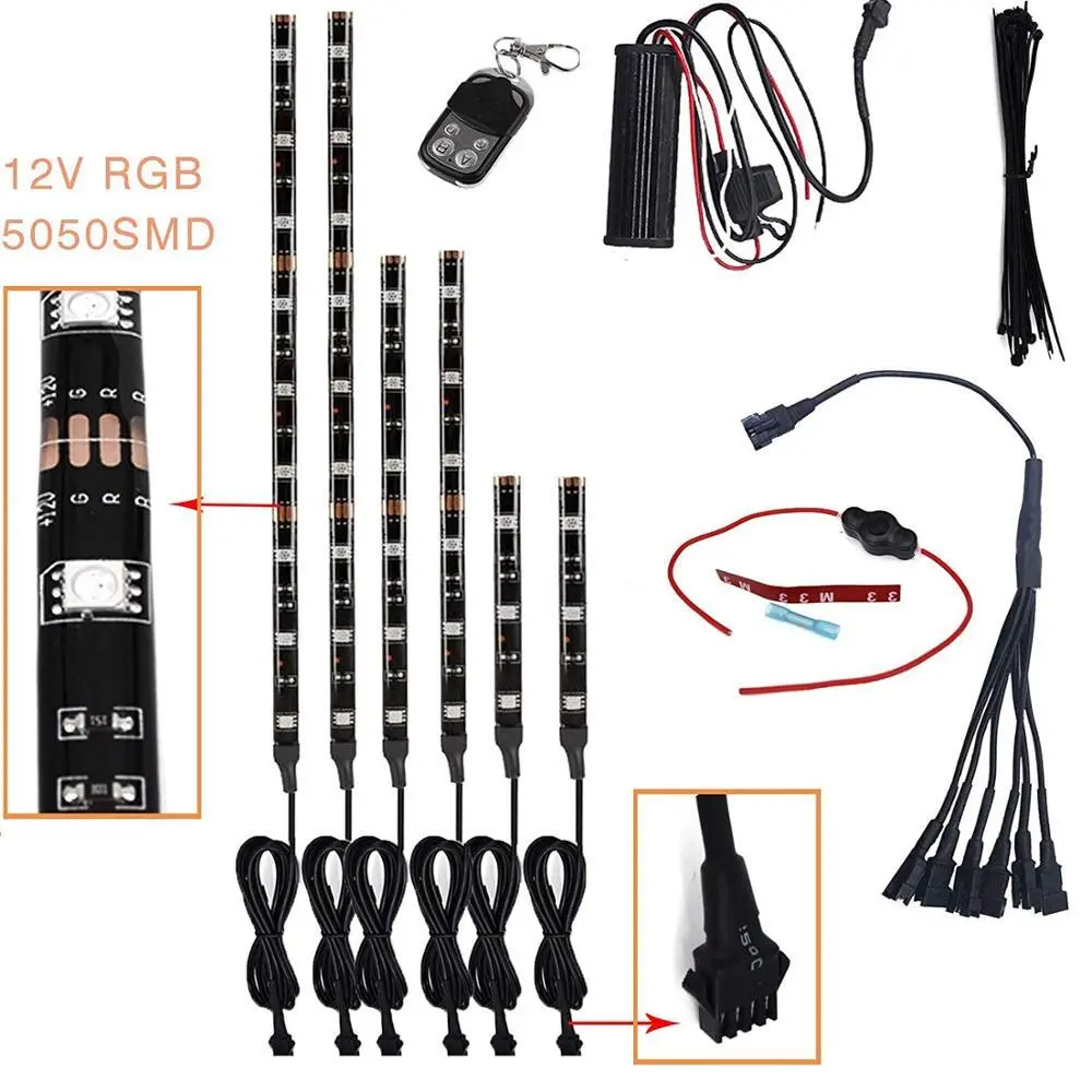 6Pcs Led Light Kits Multi-Color Wireless Remote Control Motorcycle Atmosphere Lamp RGB Flexible Strips Ground Effect Light 1
