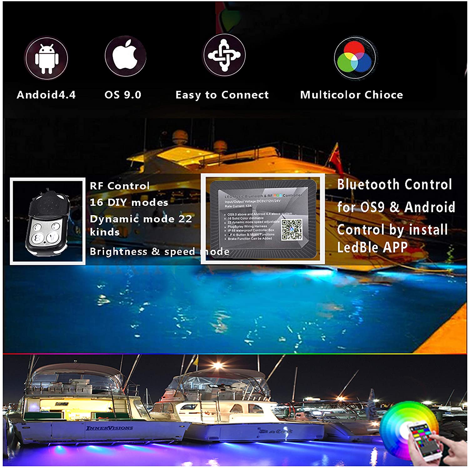 2Pcs LED Boat Drain Plug Underwater Light, 3X3W/12V, 50000hr Lifespan,Garber-Fishing, Swimming, Diving, 1/2 NPT,RGB with Bluetooth Remote Controller 3