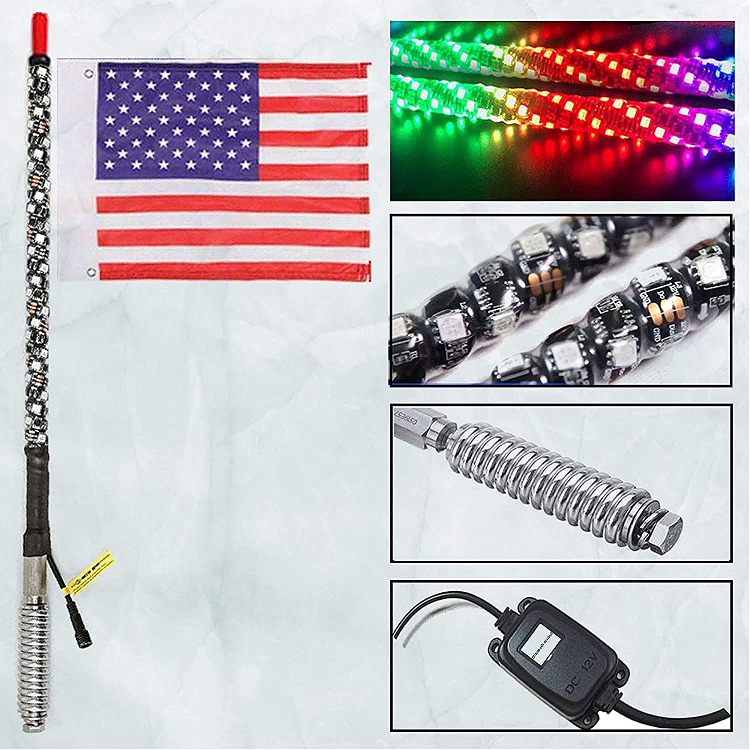 3/4ft/4ft/5ft/6ft/7ft LED Whip Light with Flag Pole Remote Control Spiral RGB Chase Light Offroad Warning Lighted Antenna LED Whips 4
