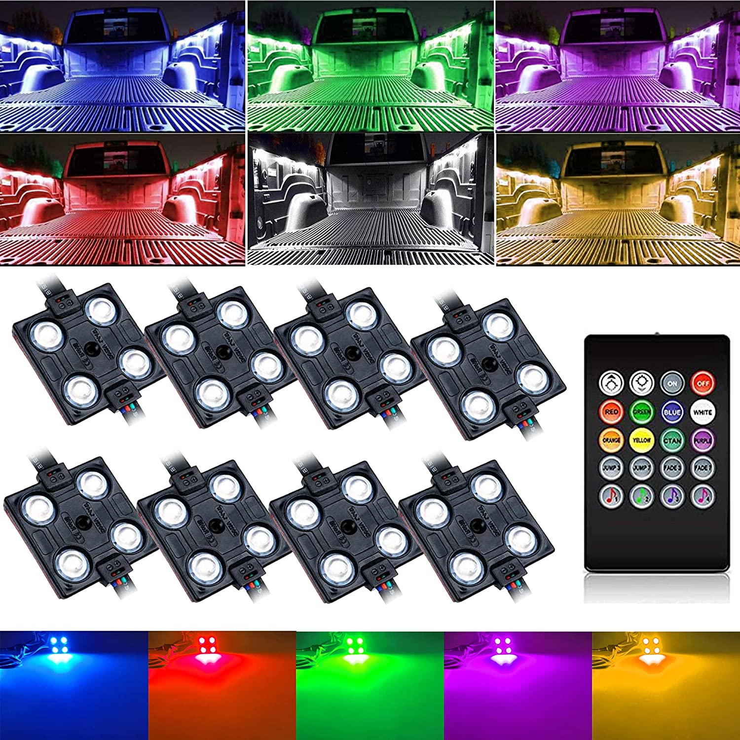 8Pcs RGB Truck Bed LED Light Kit,Waterproof Multi-Color 32 LED Pickup Cargo Rock Lighting Kits 1