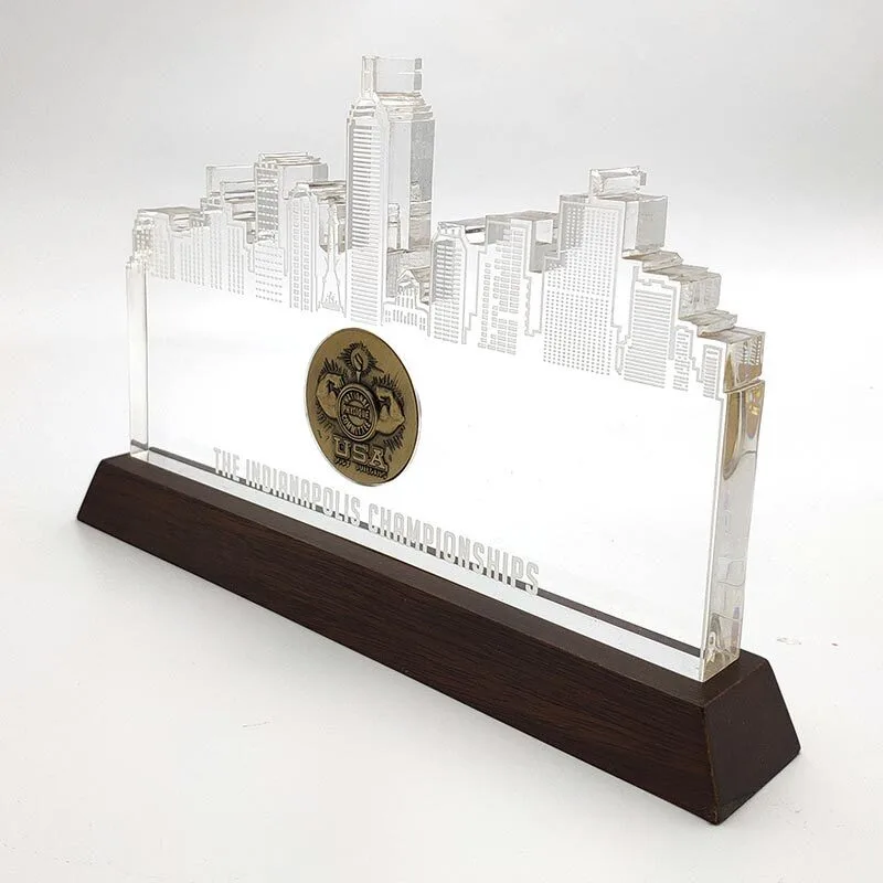 Custom made Clear Building Reflection Acrylic Award with Wood Base 1