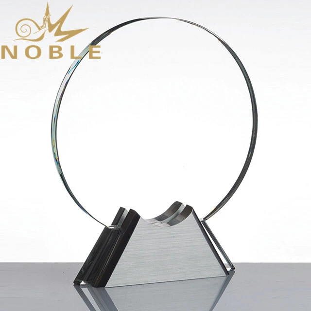 Custom design clear crystal round plaque award with metal base 1