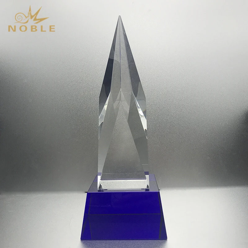Clear Crystal Glass Diamond Peak Award Plaque with Blue Base 1