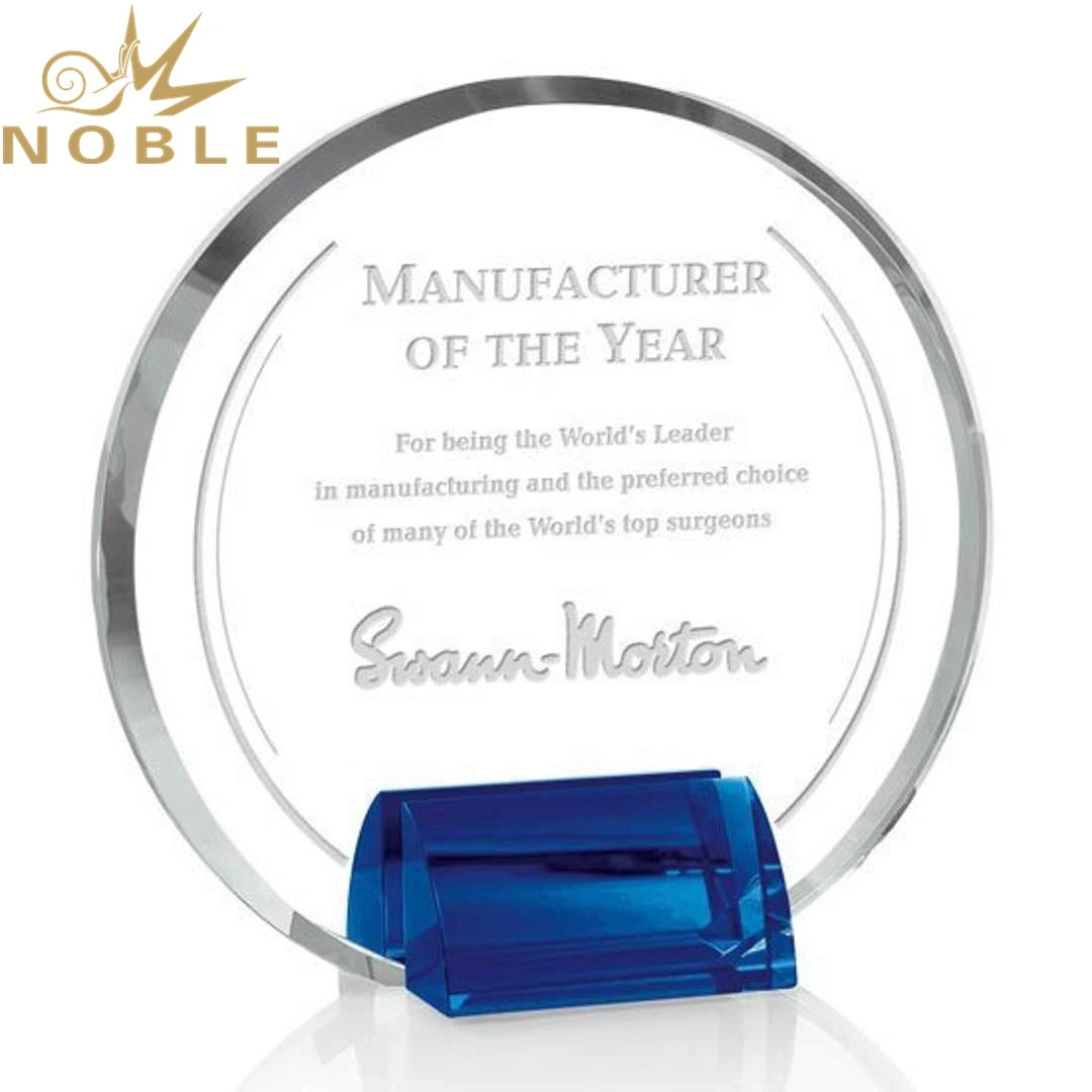 Noble Custom Engraving Round Crystal Plaque Award with Blue Base 1