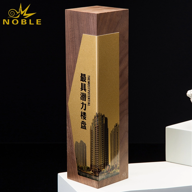 Custom new design wooden award trophy with metal plate 1