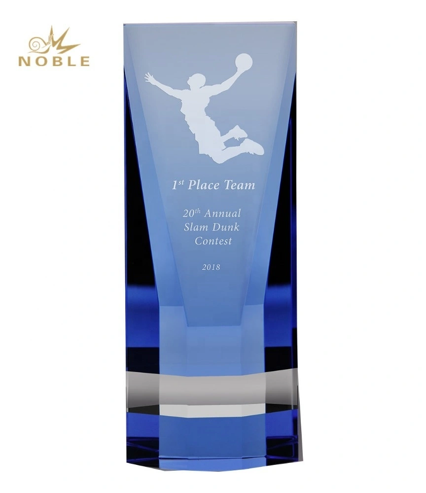 Custom Engraved Blue Crystal Cobalt Wedge Block Basketball Trophy 1