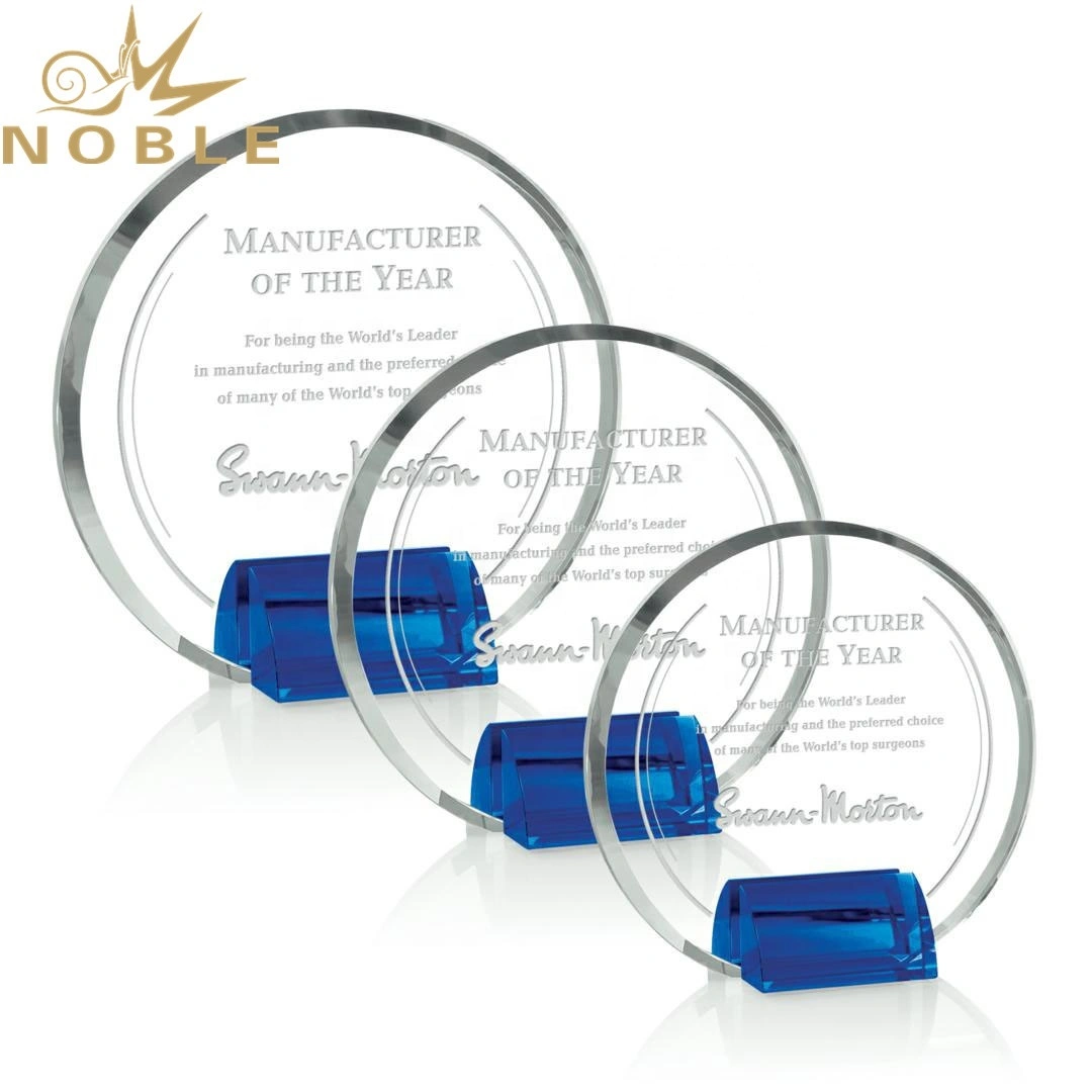Noble Custom Engraving Round Crystal Plaque Award with Blue Base1 1