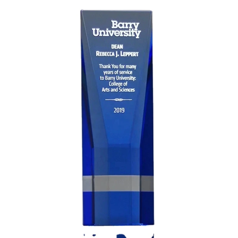 Premium Cobalt Wedge Crystal Award with blue crystal accent 1
