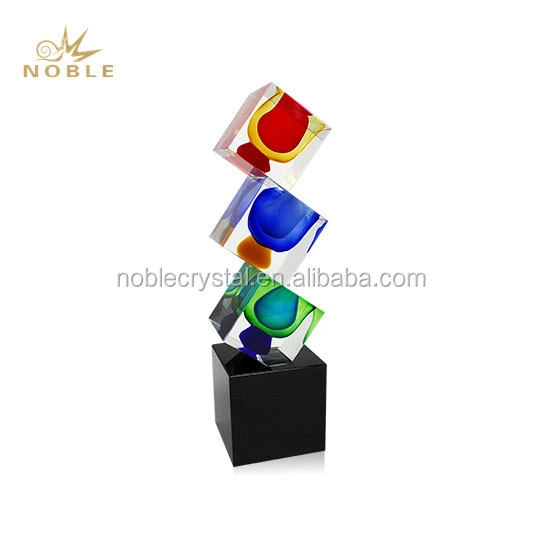 Handmade Clear Colorful Three Crystal Blocks Trophy Art Glass Award 1
