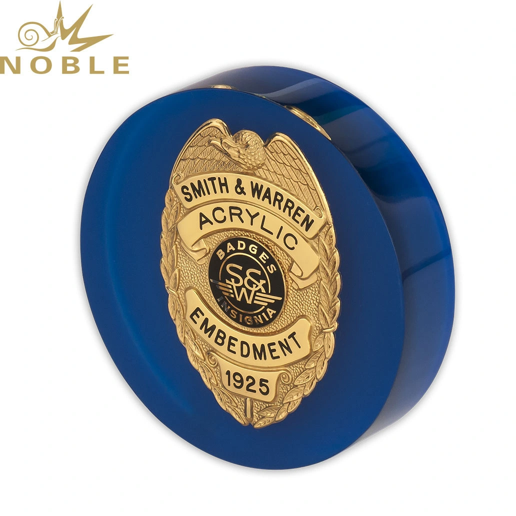 Custom Round Blue Acrylic Plaque Award Souvenir Lucite Badge Embedment Paperweight 1