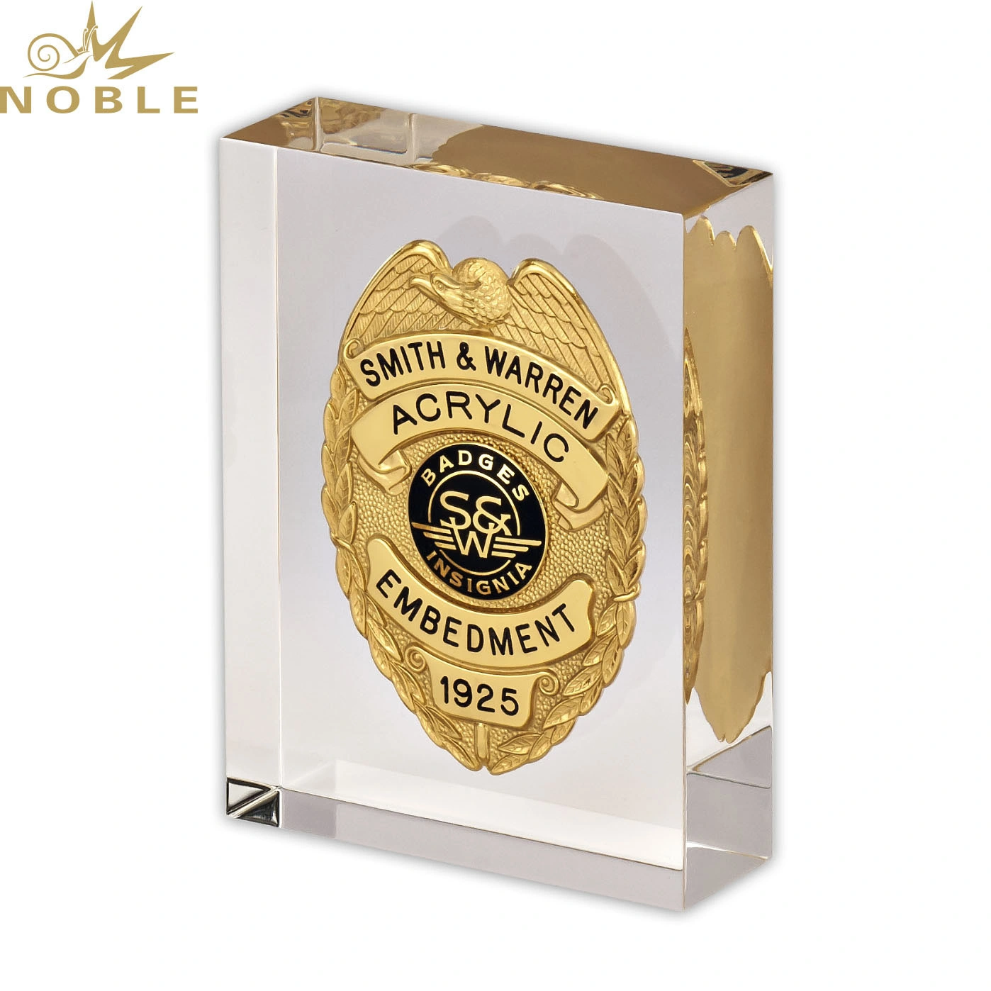 Hot Selling Acrylic Lucite Embedment Gifts Metal Badge Acrylic Display Block Paperweight 1