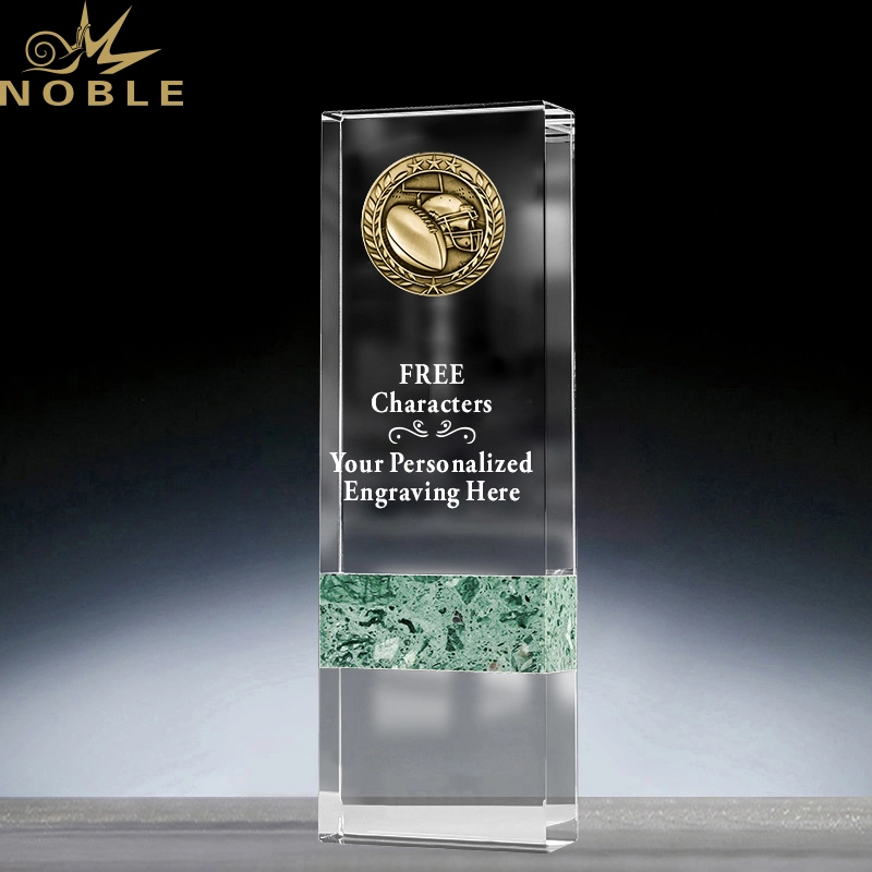 High Quality Free Engraving Custom Crystal Marble Cube Trophy with Football Medal 1