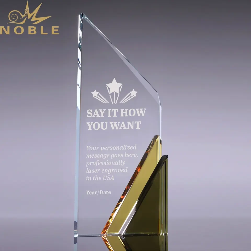 Noble High Quality Custom Optical Crystal Peak Award with Gold Corner Base2 1