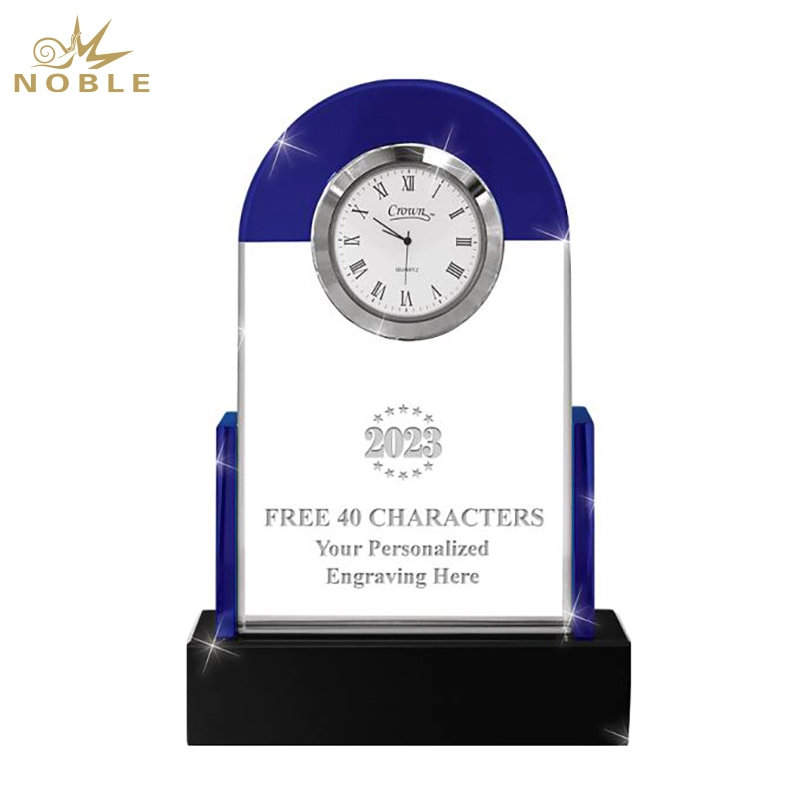 Noble Manufacturer Blue Crystal Glass Clock Business Gift Customized Bespoke Logo Office Decoration Trophy Award Hand Craft 1