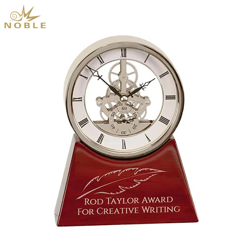 Noble Manufacturer Wooden Base Clock Business Gift Customized Bespoke Logo Office Decoration Trophy Award Hand Craft Plaque 1