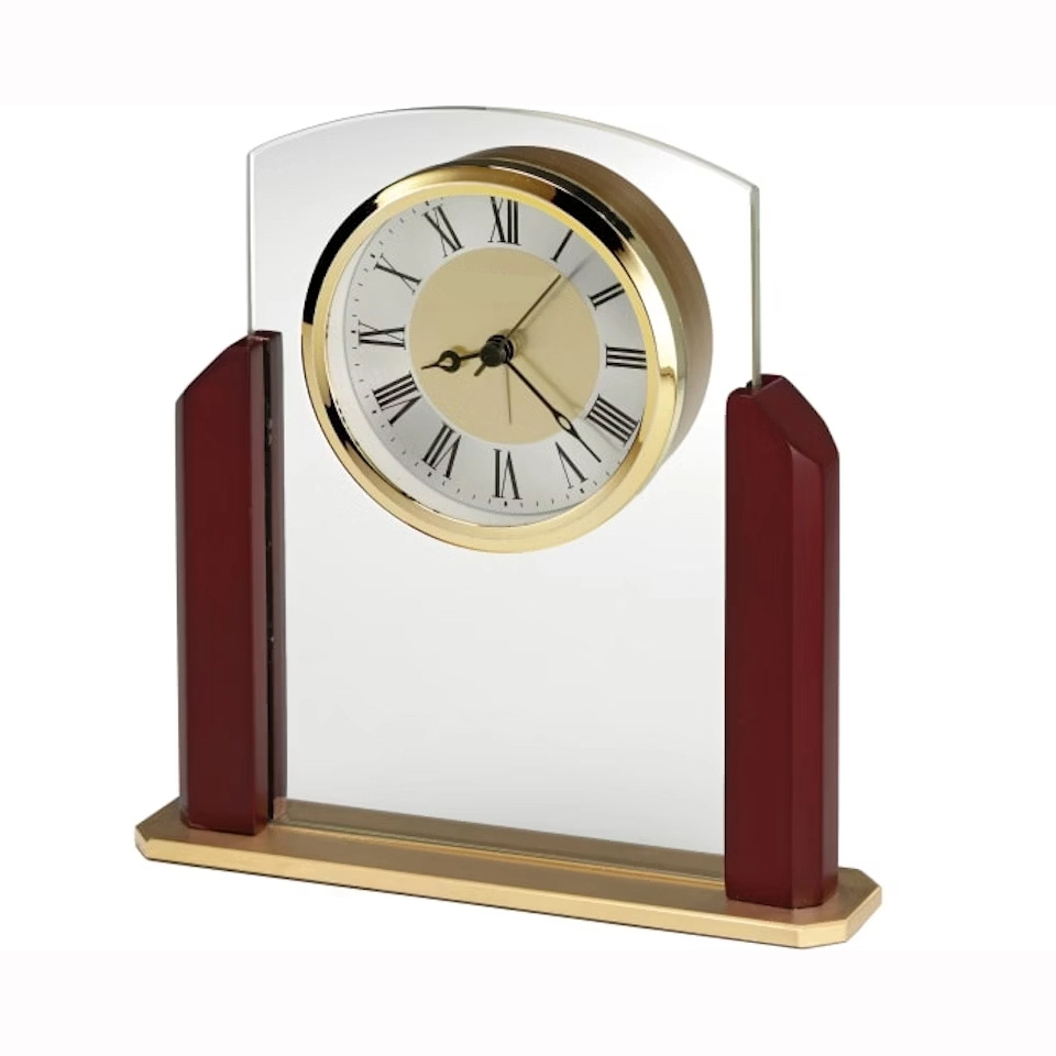 Noble Manufacturer Glass Clock With Red Wooden Base Business Gift Customized Logo Office Decoration Trophy Award Craft Plaque 1
