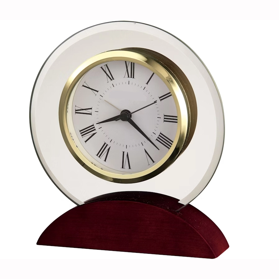 Noble Manufacturer Glass Clock With Red Wooden Base Business Gift Customized Logo Office Decoration Trophy Award Craft Plaque1 1