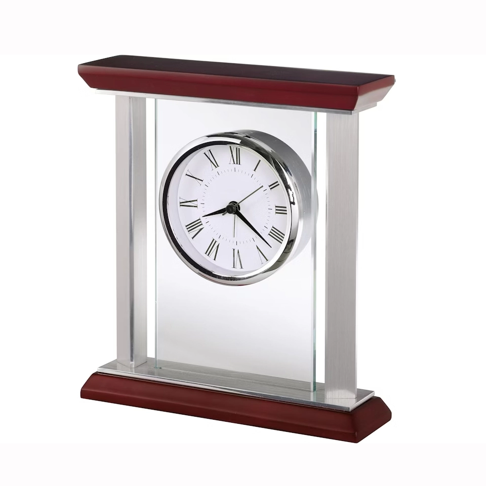 Noble Glass Clock Red Wooden Base Metal Pillar Business Gift Customized Logo Office Decoration Trophy Award Craft Tabletop Clock 1