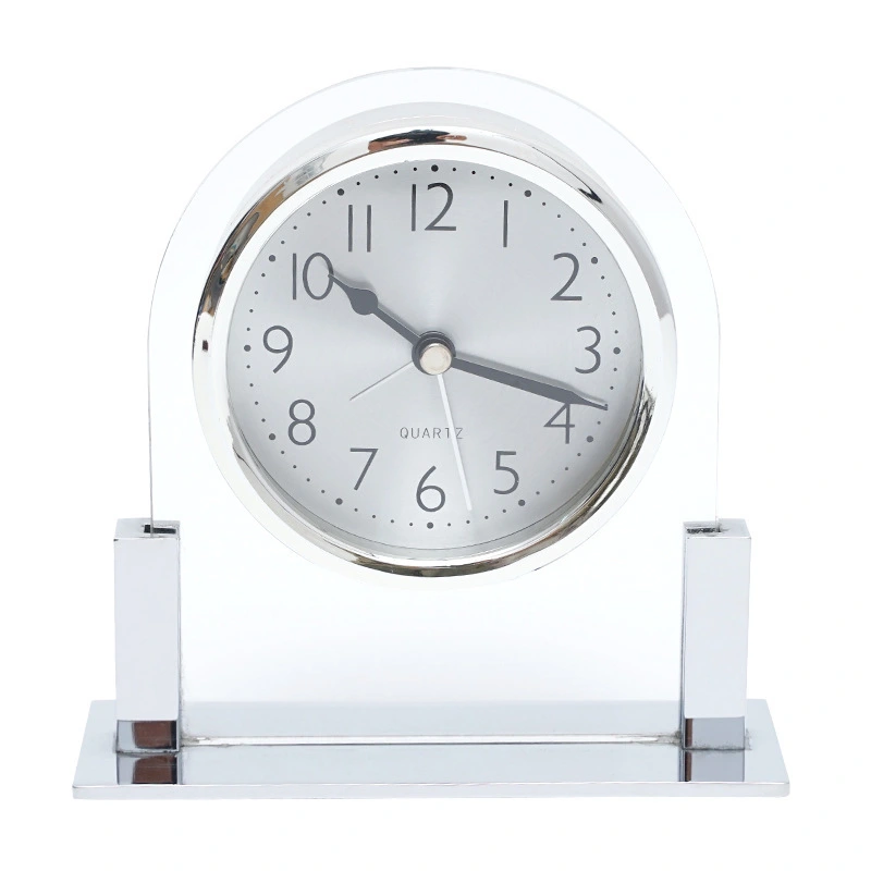 Noble Glass Clock Silver Metal Base Business Gift Customized Logo Office Home Decoration Trophy Award Craft Tabletop Clock 1