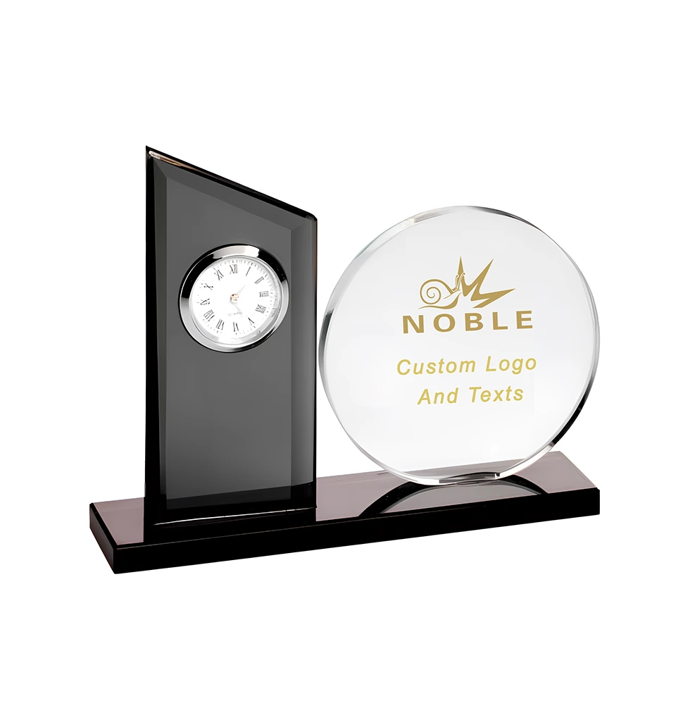 Noble Manufacturer's Customized Crystal Glass Clock Sports-Themed Office Decoration Bespoke Logo Handcrafted Trophy Table Clock 1