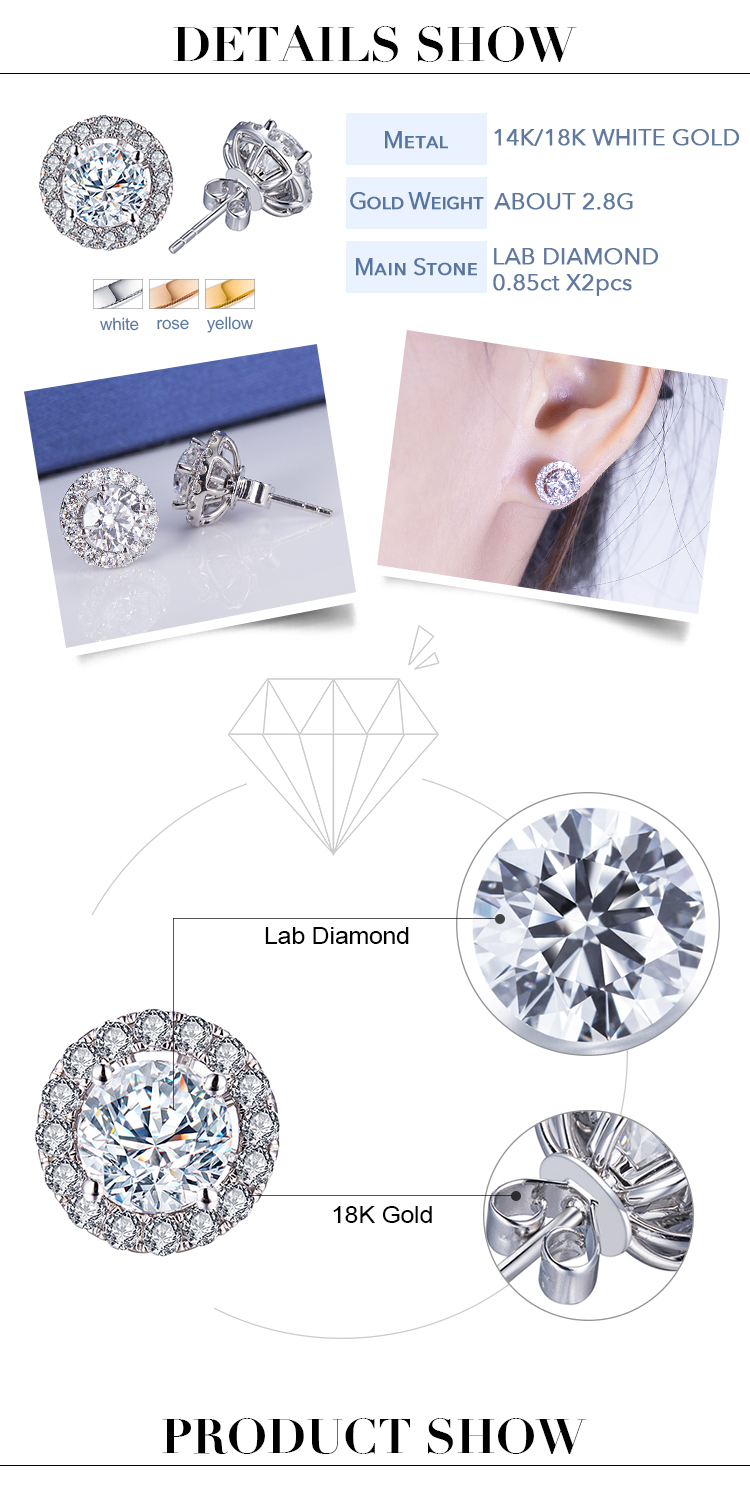 메시 보석 - 메시 보석 라운드 컷 0.83ct D VS2 3EX 보석 18K 화이트 골드 랩 자란 다이아몬드 스터드 귀걸이 귀걸이 18