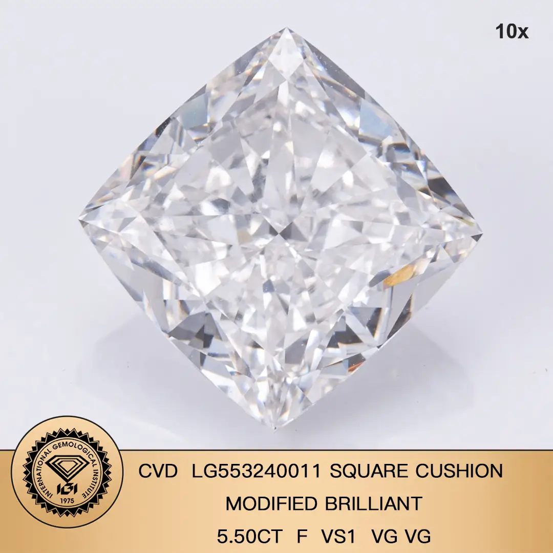 Cuscino quadrato 5,5CT F vs1 CVD Diamond Lab Crown Diamond IGI Certificato 1
