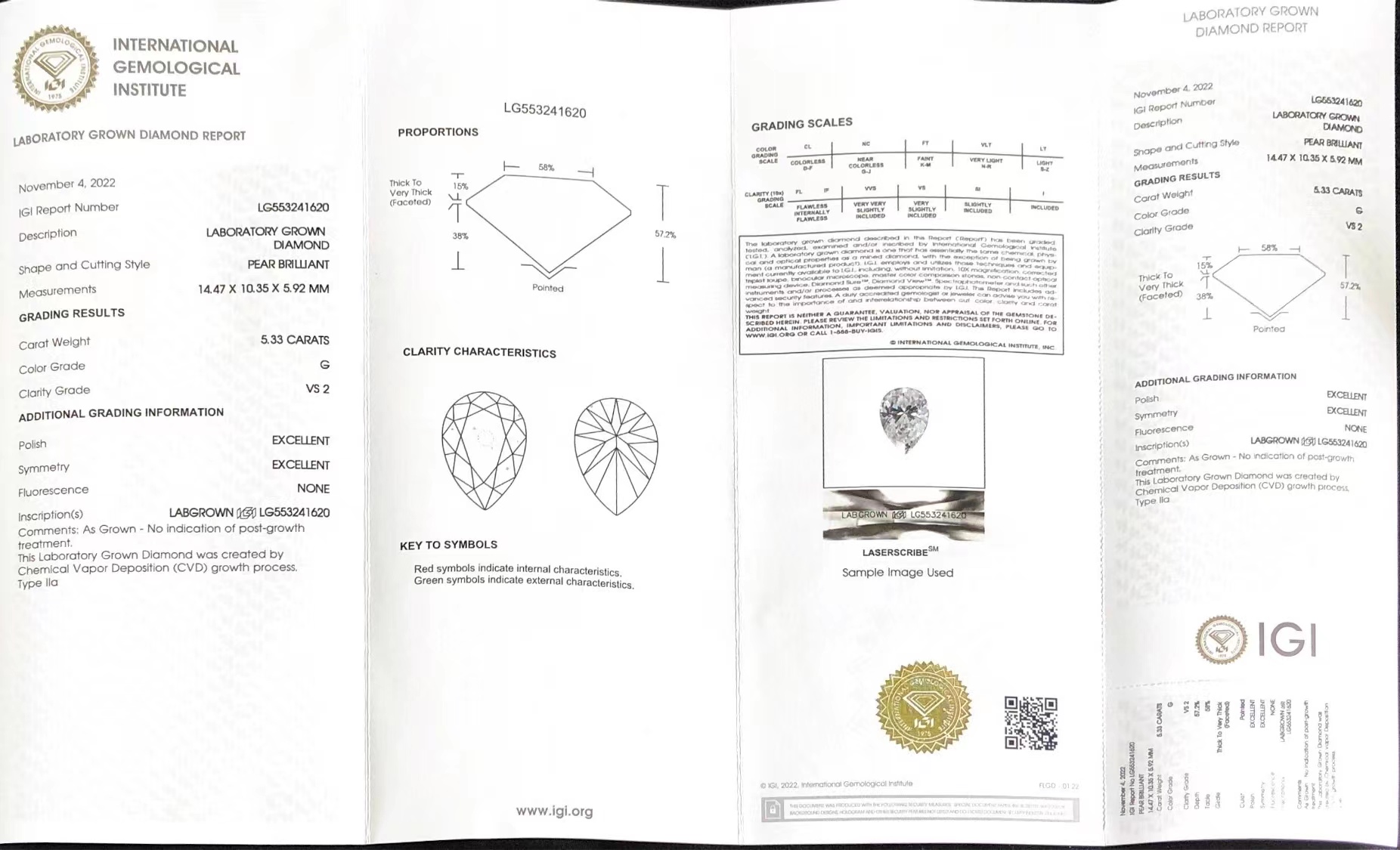 Pear Shape 5.3ct G VS2 CVD Diamond Lab Grown Diamond IGI Certificate 7