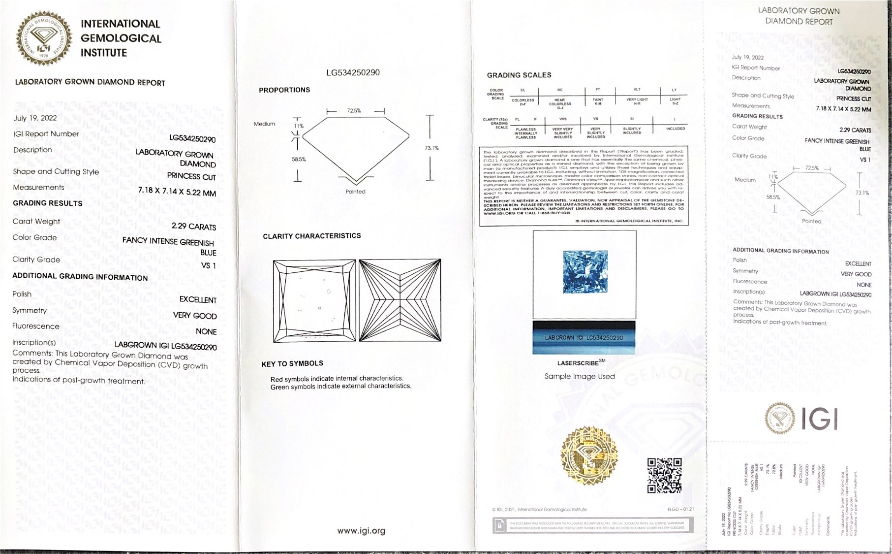 Princess 2.2ct Fancy Intense Greenish Blue VS1 CVD Diamond Lab Grown Diamond IGI Certificate 7