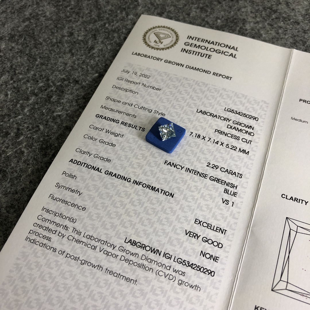 Princess 2.2ct Fancy Intense Greenish Blue VS1 CVD Diamond Lab Grown Diamond IGI Certificate 9