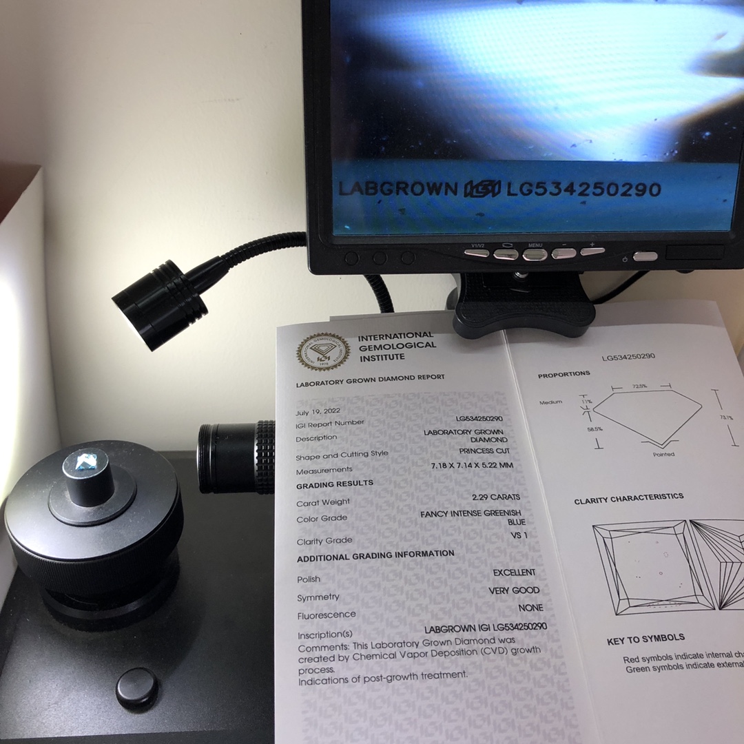 Princess 2.2ct Fancy Intense Greenish Blue VS1 CVD Diamond Lab Grown Diamond IGI Certificate 8