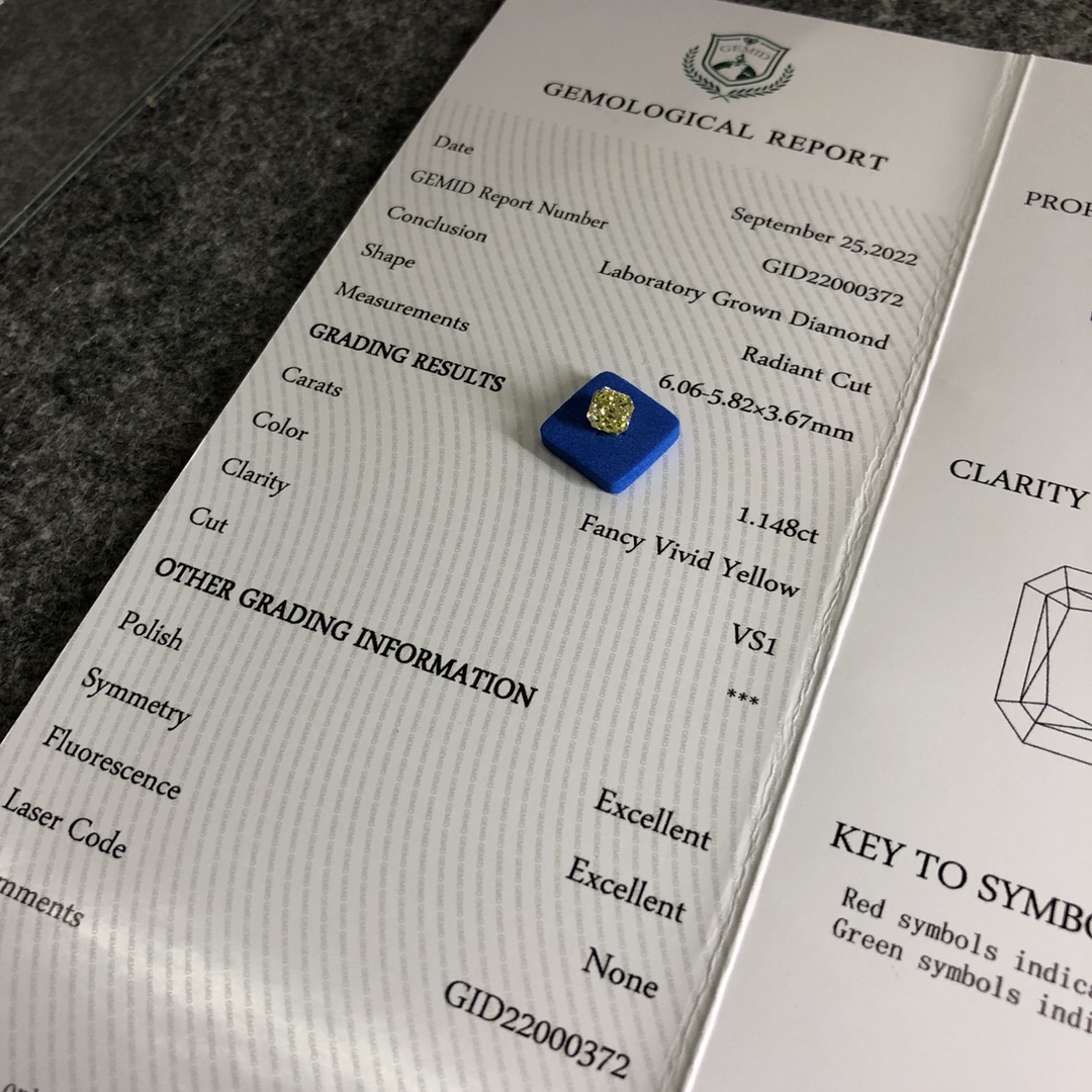 Radiant 1.1ct Fancy Vivid Yellow VS1 HPHT Diamond Lab Grown Diamond GMID Certificate 9