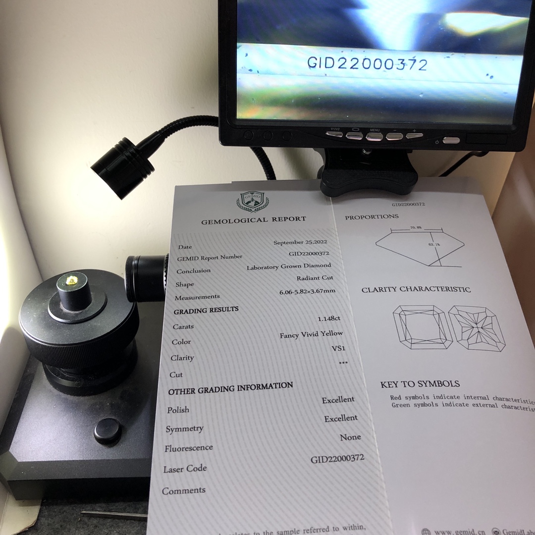 Radiant 1.1ct Fancy Vivid Yellow VS1 HPHT Diamond Lab Grown Diamond GMID Certificate 8