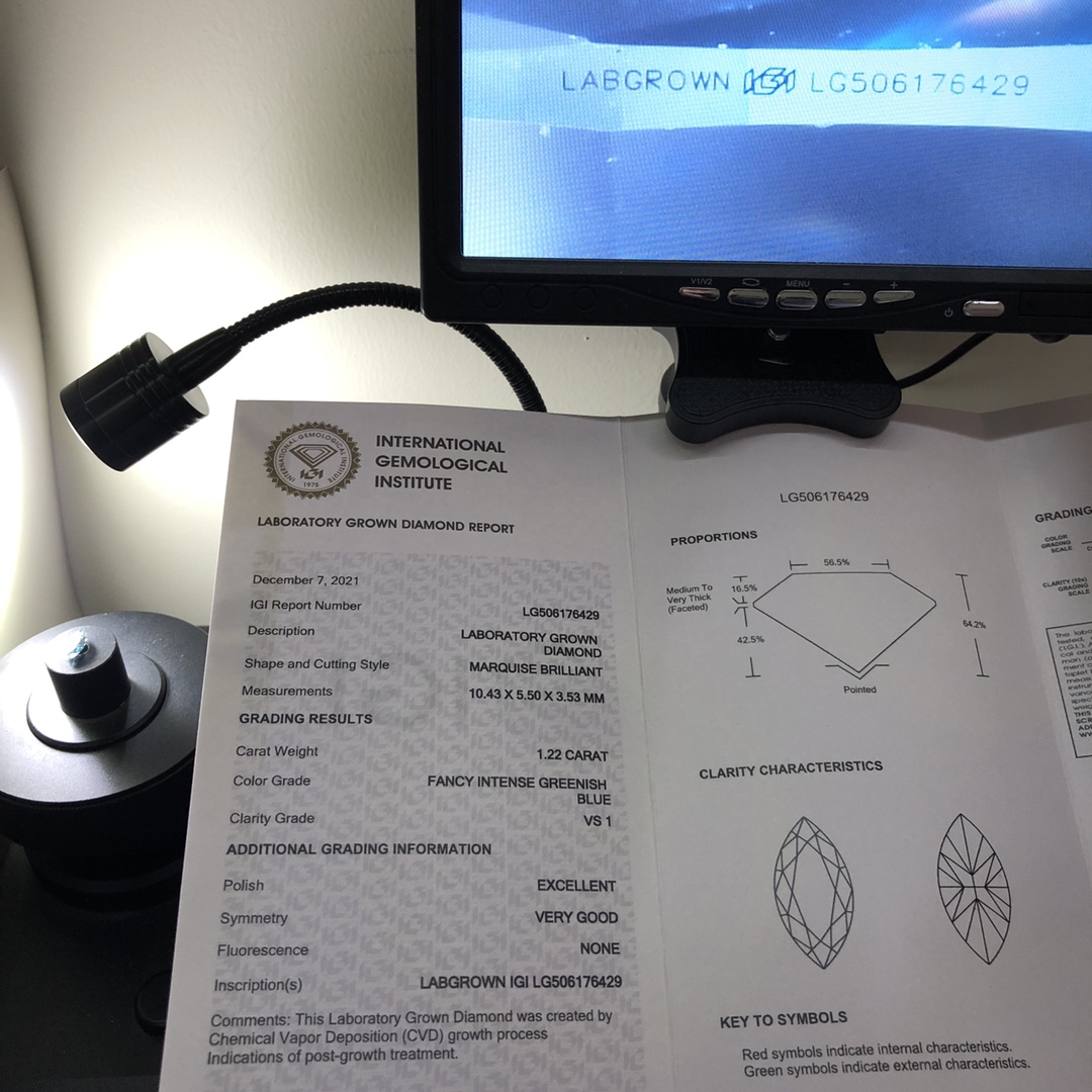 Marquise 1.2ct Fancy Intense Greenish Blue VS1 CVD Diamond Lab Grown Diamond IGI Certificate 7